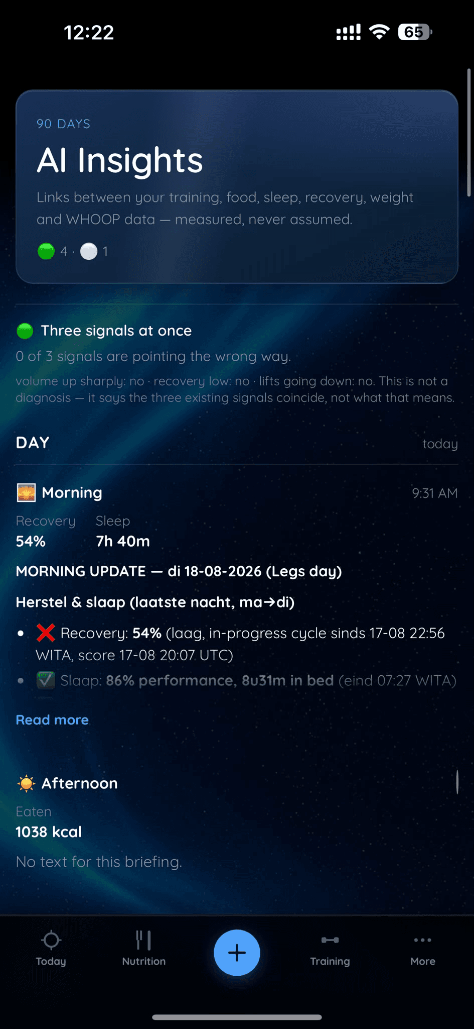 SHAR AI Insights: morning briefing linking recovery, sleep and training