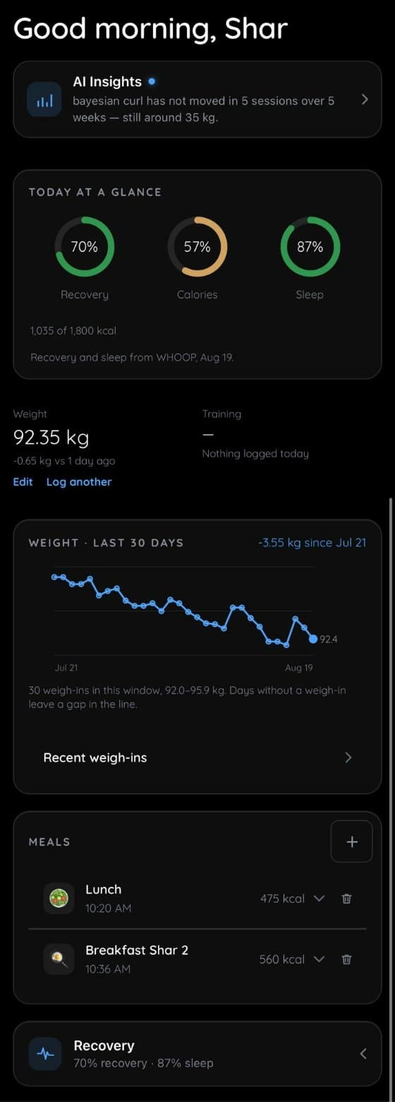 SHAR Today screen showing recovery, calories, sleep, weight and meals